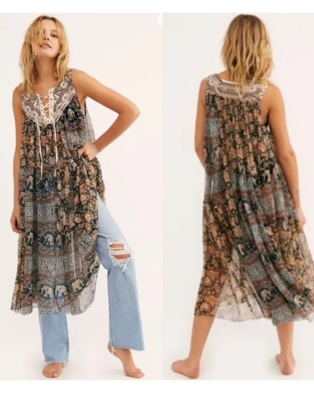 Free People Mixed-Print Lace-Up Maxi Top in Black and Brown